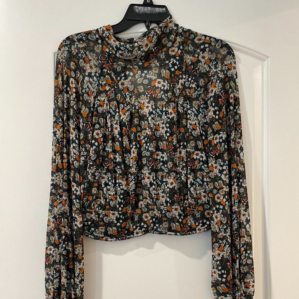 Free People Floral Long-Sleeve Mock Neck Top in Black, Orange, White